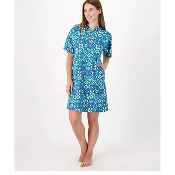 Stan Herman Dresses & Skirts - Stan Herman Women's sz Medium 100% Cotton Hooded Pullover Lounger Teal Wave Blue